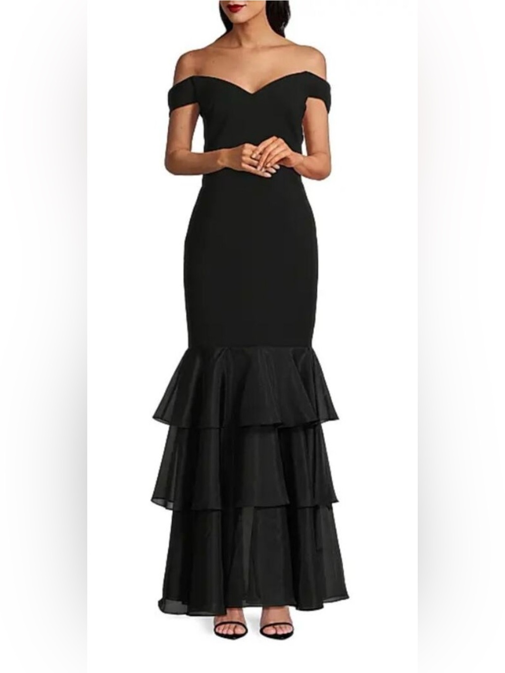 Aidan Mattox Off-Shoulder Black Ruffled Mermaid Evening Dress